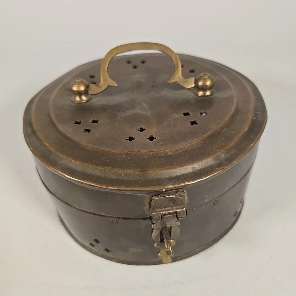 Vintage Brass Hinged Box With Handle Cricket‎ Trinket Incense Jar Made In India